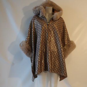 Womens Yu Yu Brown Gold Black Faux Fur Full Zip Hooded Shawl Cape S *